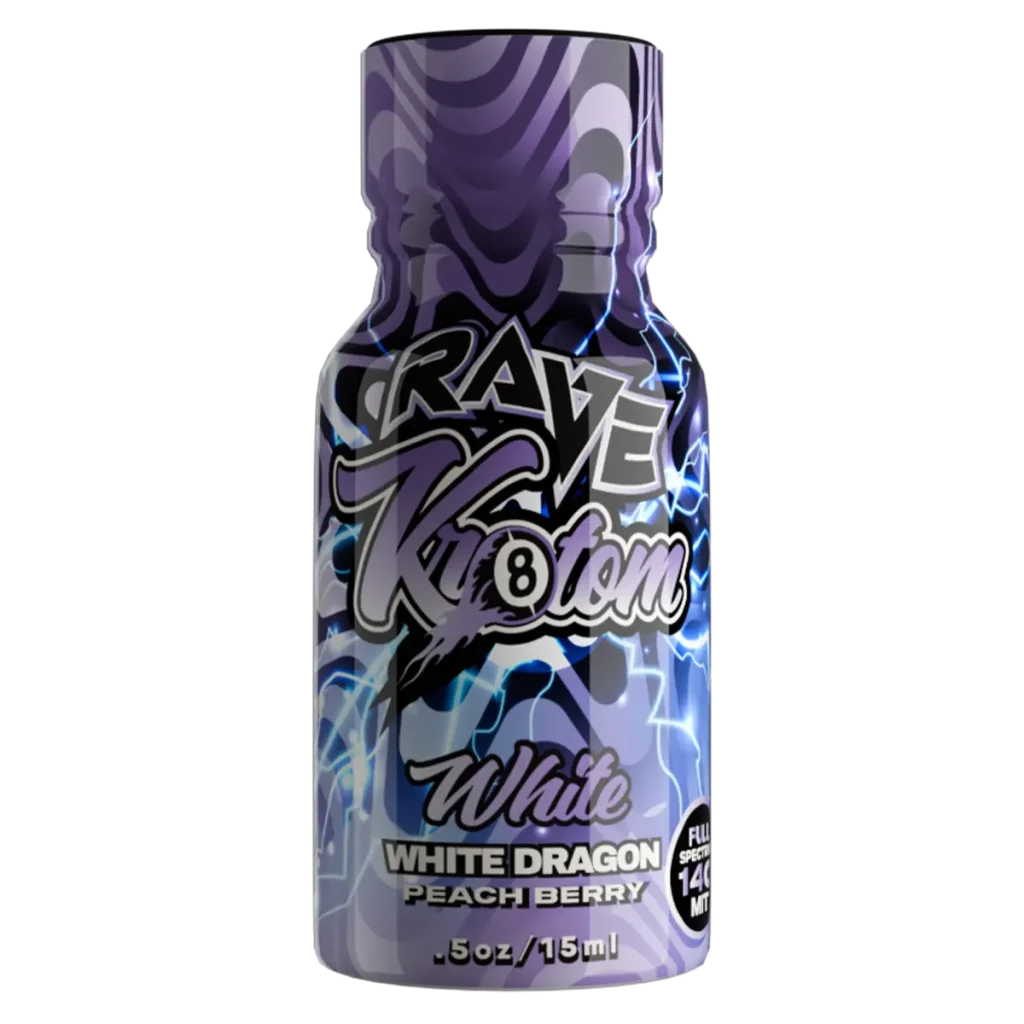 rave kratom shot white dragon peach berry